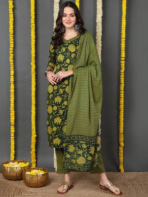 green color printed rayon blend styles kurta trouser with dupatta 1