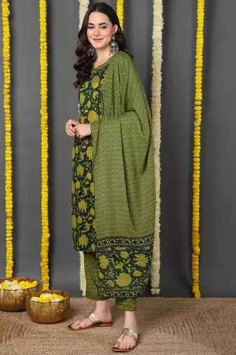 green color printed rayon blend styles kurta trouser with dupatta