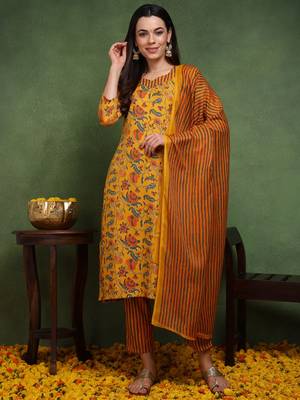 yellow color printed rayon blend styles kurta trouser with dupatta 1