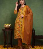yellow color printed rayon blend styles kurta trouser with dupatta