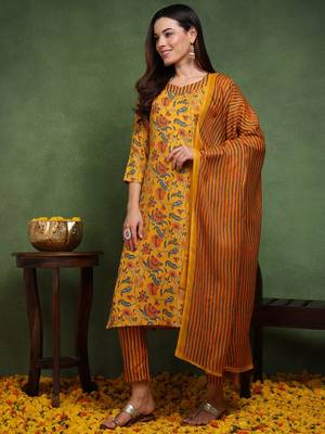 yellow color printed rayon blend styles kurta trouser with dupatta 2