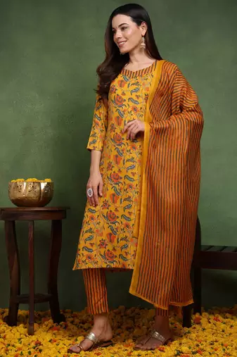 yellow color printed rayon blend styles kurta trouser with dupatta