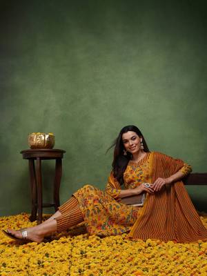 yellow color printed rayon blend styles kurta trouser with dupatta 3
