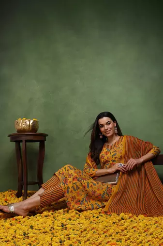 yellow color printed rayon blend styles kurta trouser with dupatta