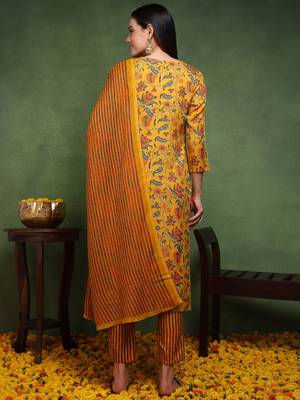 yellow color printed rayon blend styles kurta trouser with dupatta 4