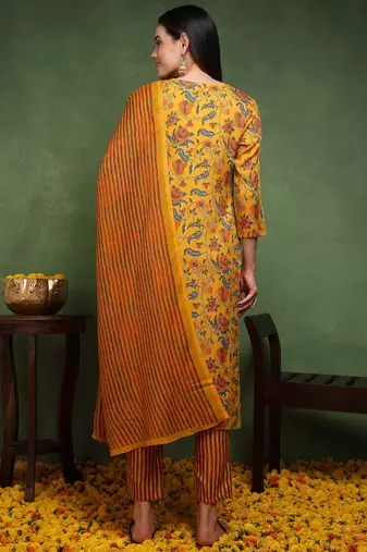 yellow color printed rayon blend styles kurta trouser with dupatta