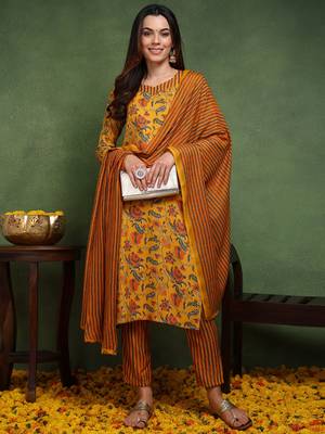 yellow color printed rayon blend styles kurta trouser with dupatta 5