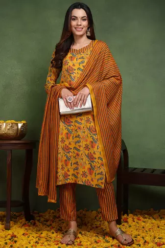 yellow color printed rayon blend styles kurta trouser with dupatta