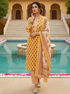 yellow color printed rayon blend styles kurta trouser with dupatta 1