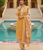 yellow color printed rayon blend styles kurta trouser with dupatta