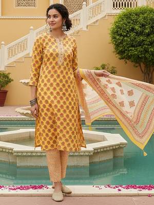 yellow color printed rayon blend styles kurta trouser with dupatta 5