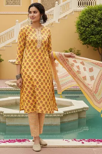 yellow color printed rayon blend styles kurta trouser with dupatta