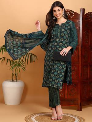 green color printed rayon blend styles kurta trouser with dupatta 1
