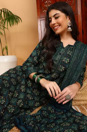 green color printed rayon blend styles kurta trouser with dupatta