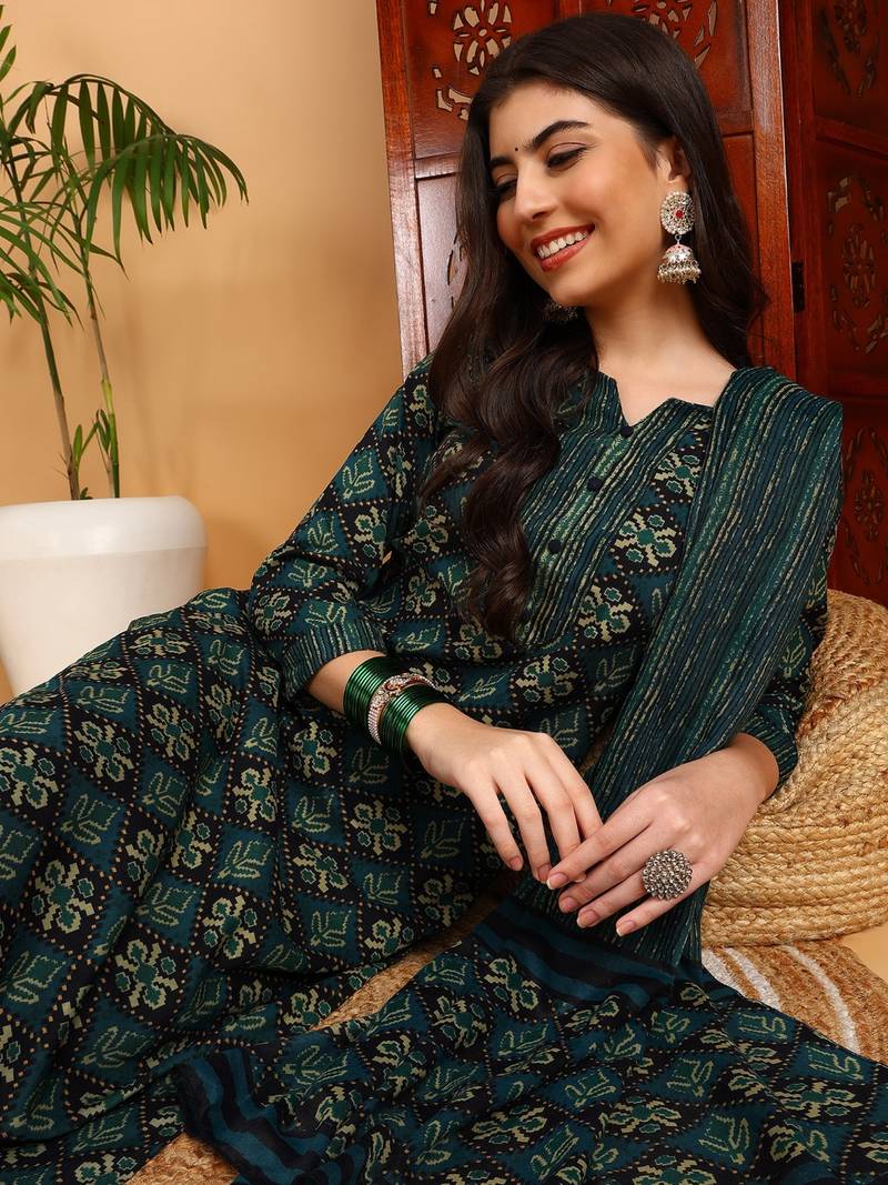 green color printed rayon blend styles kurta trouser with dupatta