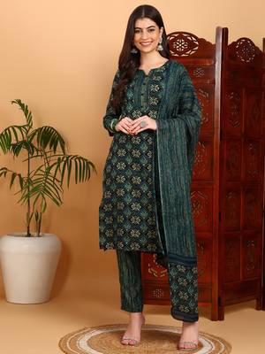 green color printed rayon blend styles kurta trouser with dupatta 3
