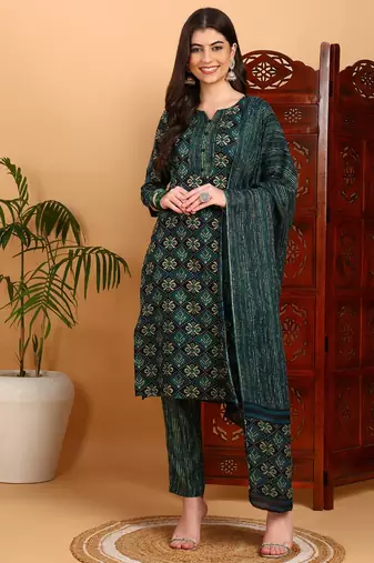 green color printed rayon blend styles kurta trouser with dupatta
