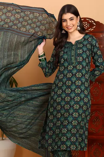 green color printed rayon blend styles kurta trouser with dupatta