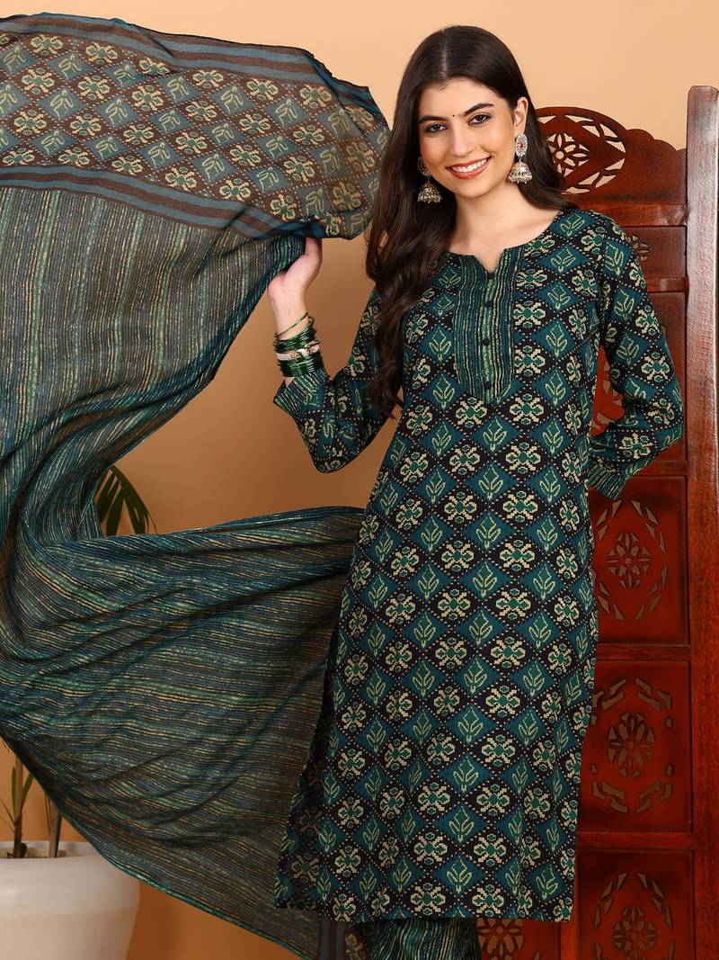 green color printed rayon blend styles kurta trouser with dupatta