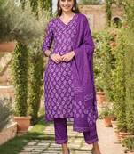 violet color printed rayon blend styles kurta trouser with dupatta