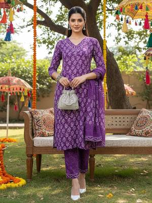 violet color printed rayon blend styles kurta trouser with dupatta 1