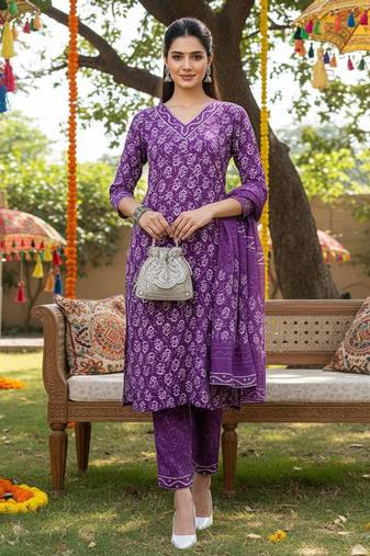 violet color printed rayon blend styles kurta trouser with dupatta