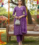 violet color printed rayon blend styles kurta trouser with dupatta