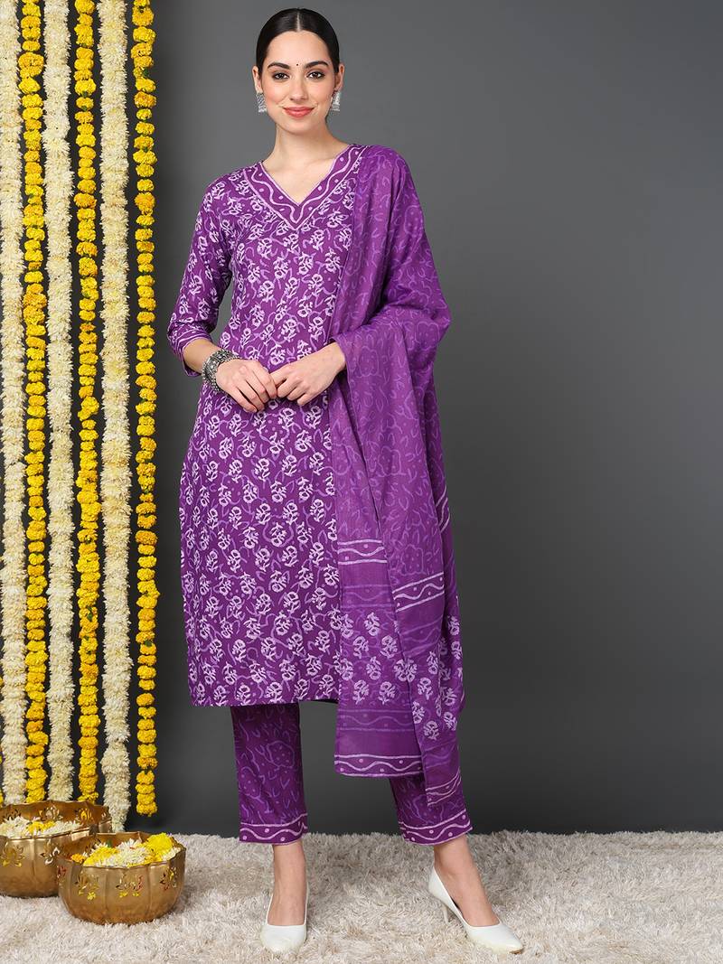 violet color printed rayon blend styles kurta trouser with dupatta