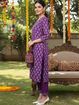violet color printed rayon blend styles kurta trouser with dupatta 2