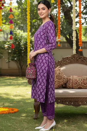 violet color printed rayon blend styles kurta trouser with dupatta