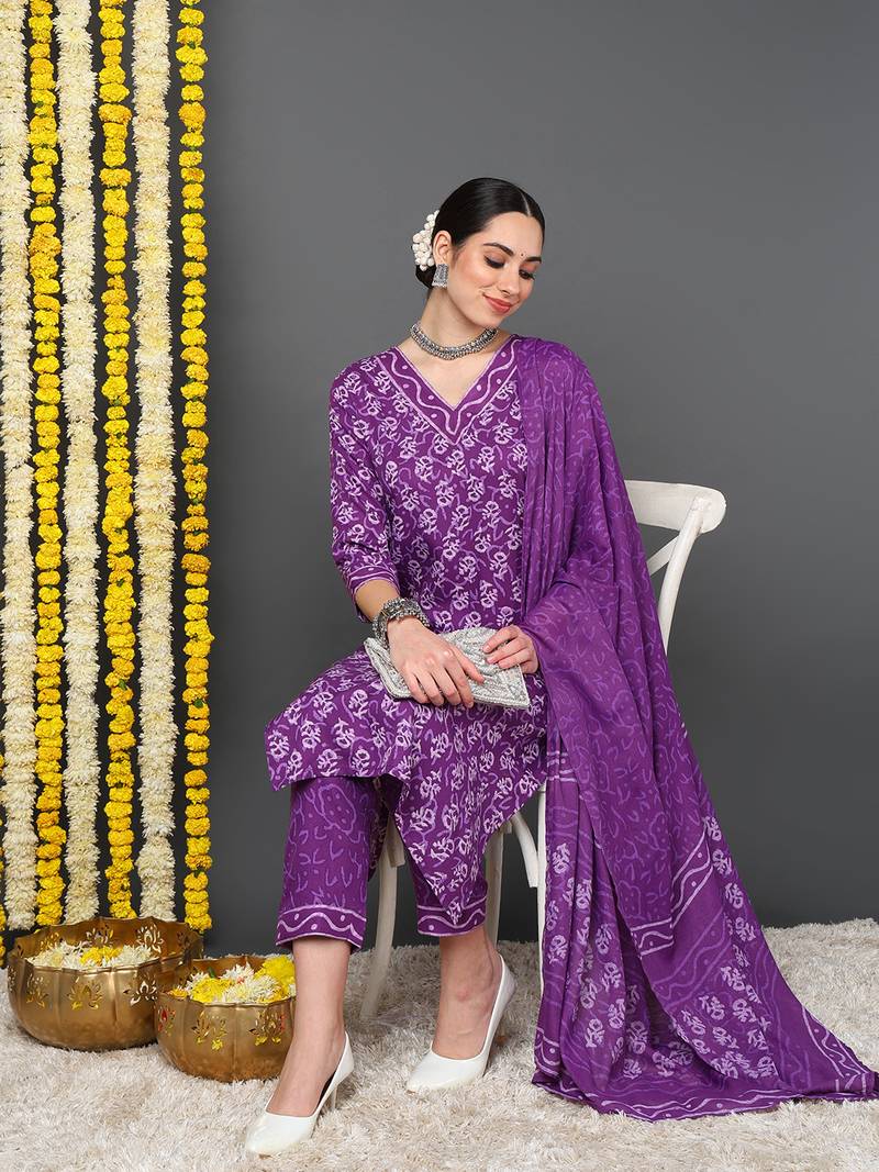 violet color printed rayon blend styles kurta trouser with dupatta