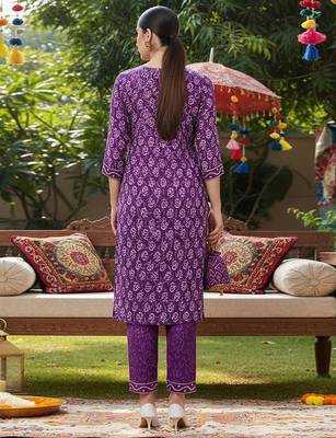 violet color printed rayon blend styles kurta trouser with dupatta 3