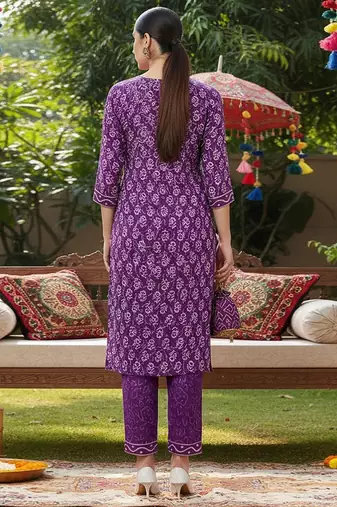 violet color printed rayon blend styles kurta trouser with dupatta