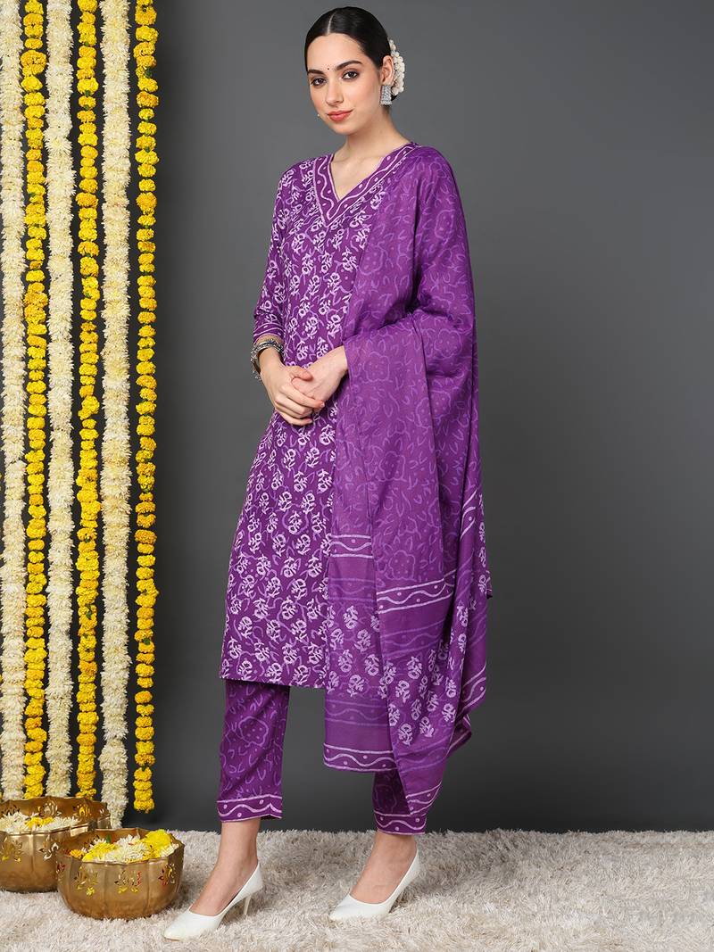 violet color printed rayon blend styles kurta trouser with dupatta