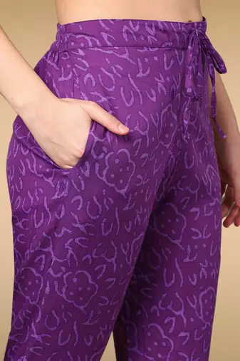 violet color printed rayon blend styles kurta trouser with dupatta