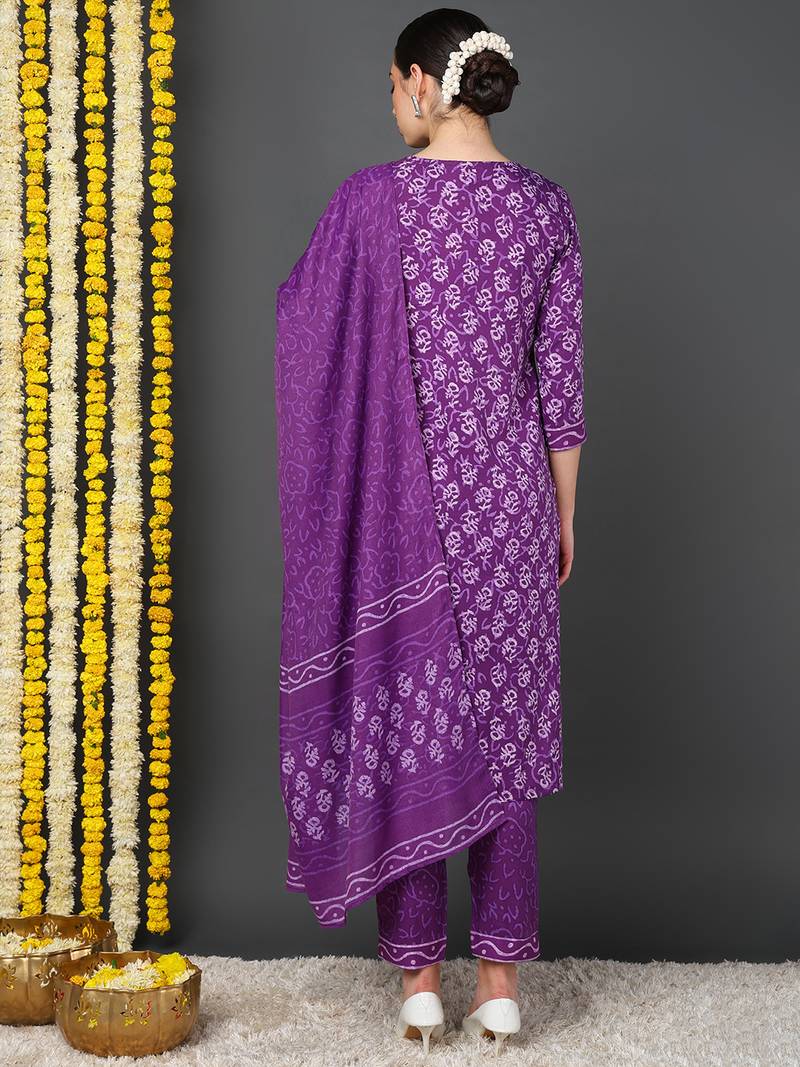 violet color printed rayon blend styles kurta trouser with dupatta