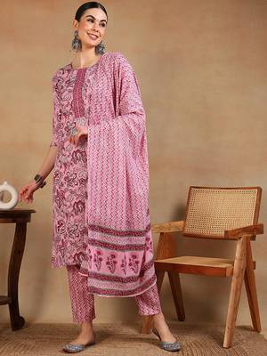 pink color printed rayon blend styles kurta trouser with dupatta 1