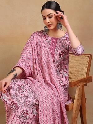 pink color printed rayon blend styles kurta trouser with dupatta 2