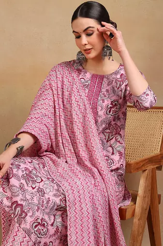 pink color printed rayon blend styles kurta trouser with dupatta