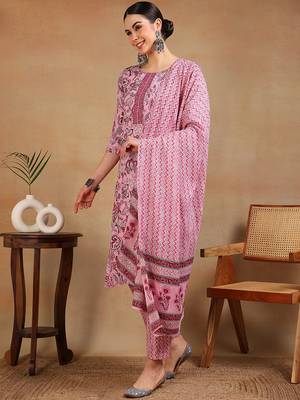pink color printed rayon blend styles kurta trouser with dupatta 3