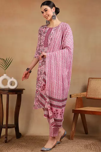 pink color printed rayon blend styles kurta trouser with dupatta