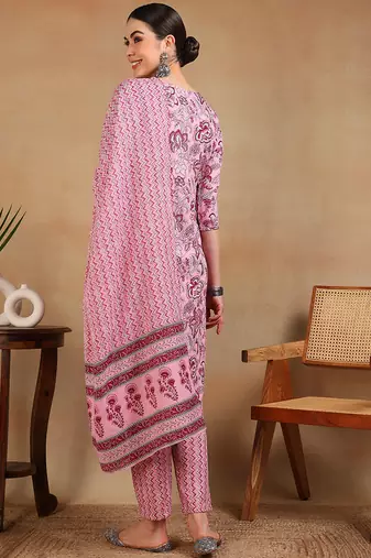 pink color printed rayon blend styles kurta trouser with dupatta