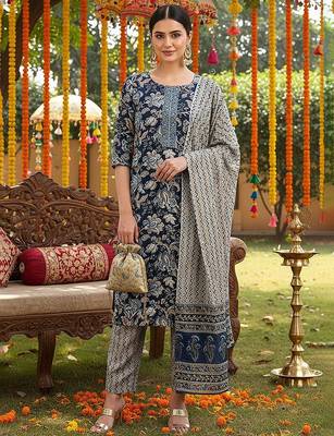 blue color printed rayon blend styles kurta trouser with dupatta 1