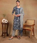 blue color printed rayon blend styles kurta trouser with dupatta