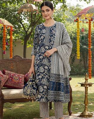 blue color printed rayon blend styles kurta trouser with dupatta 2