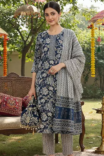 blue color printed rayon blend styles kurta trouser with dupatta