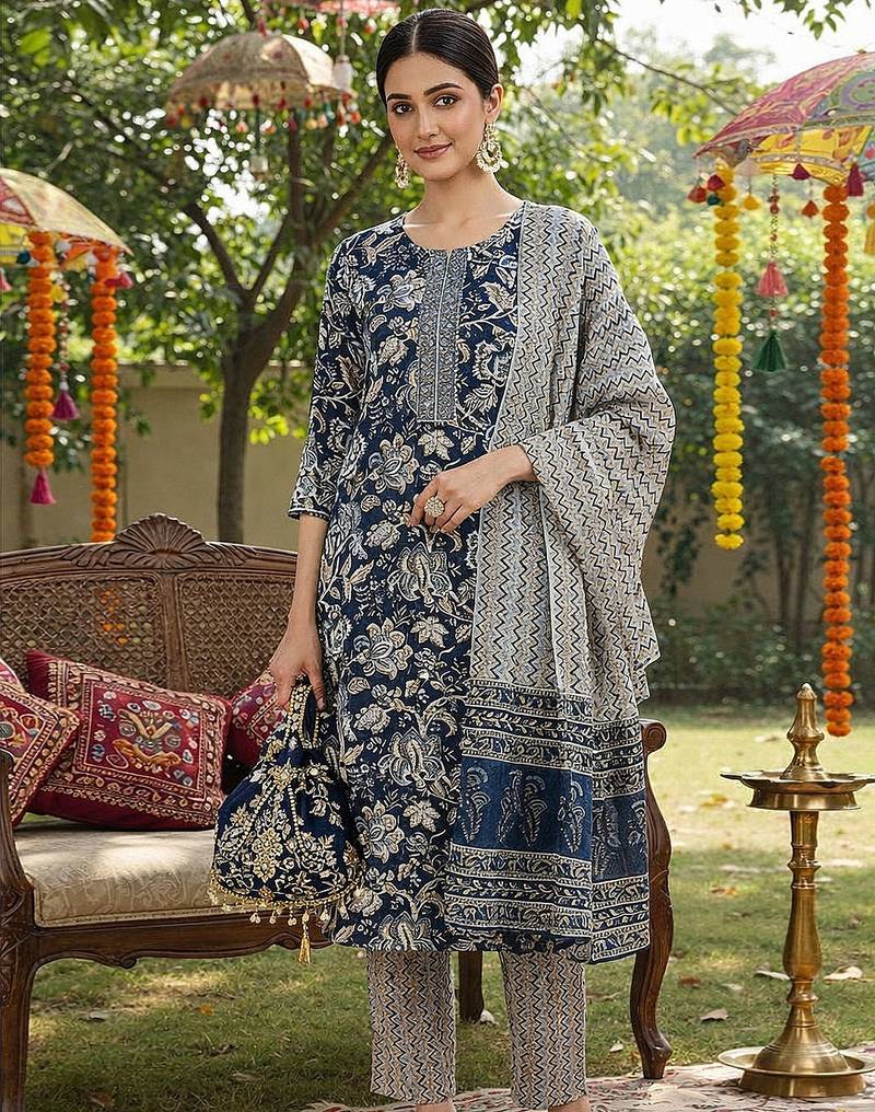 blue color printed rayon blend styles kurta trouser with dupatta