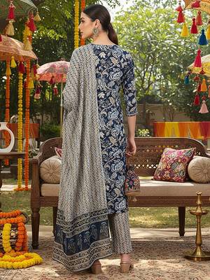 blue color printed rayon blend styles kurta trouser with dupatta 3