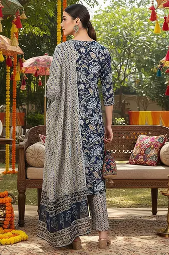 blue color printed rayon blend styles kurta trouser with dupatta