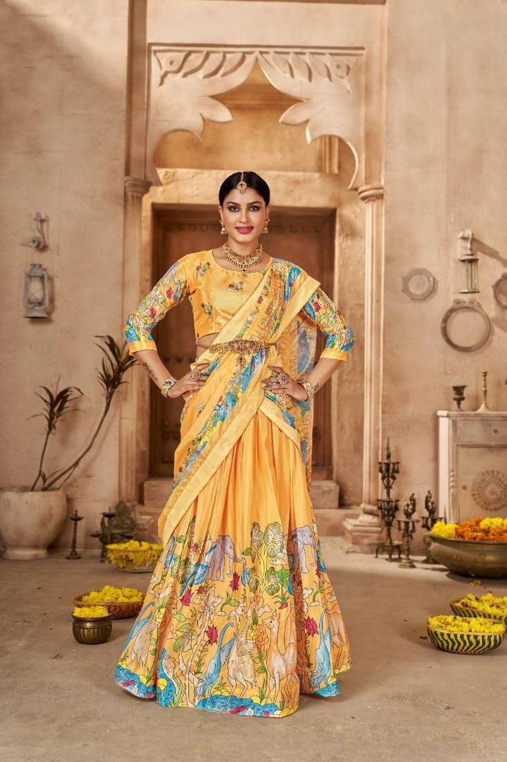 EILARA CHARMING YELLOW CHION WITH DIGITAL PRINT KALAMKARI DUPATTA ANIMAL PRINT DESIGN LEHENGA CHOLI FOR WEDDING